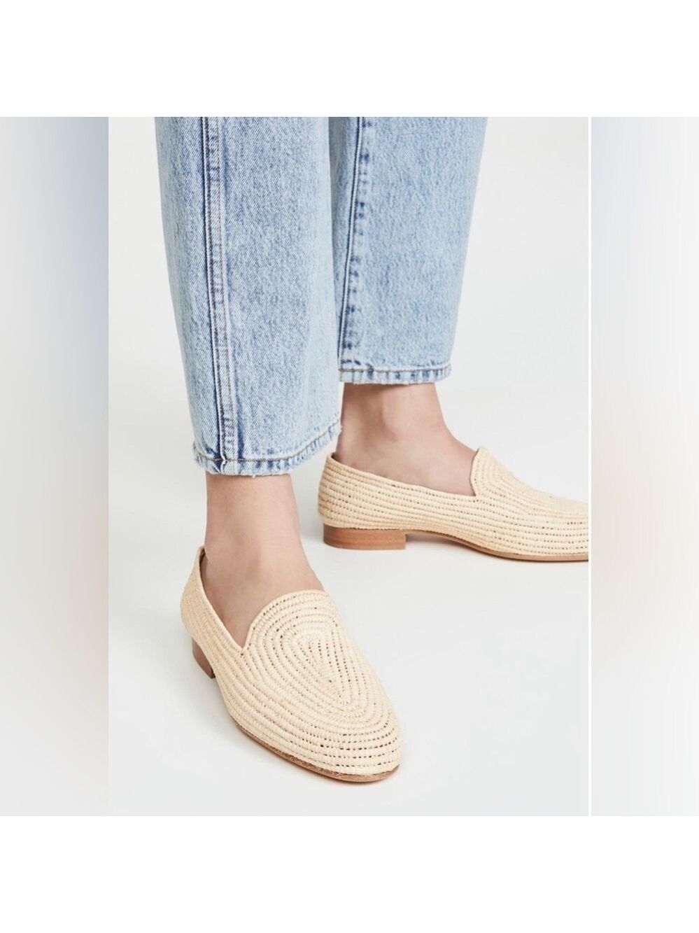 Carrie Forbes Womens Atlas Beige Leather Lined Slip-On Raffia Loafers - NWT